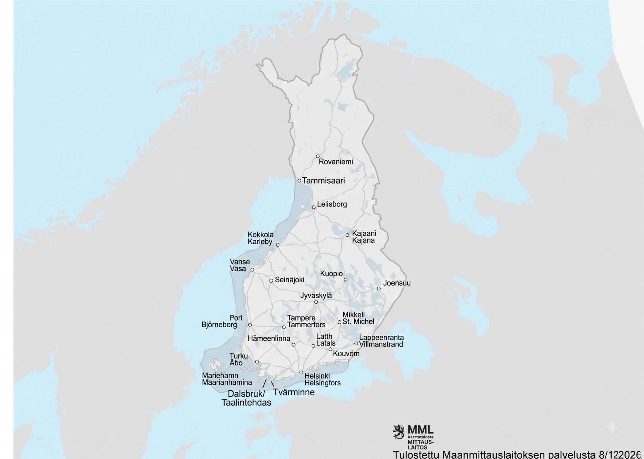 Supplied map of Finland used as geographic context for pilot development